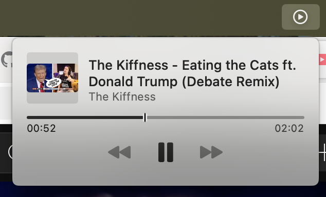 The Media Controls on MacOS with playing The Kiffness - Eating the Cats ft. Donald Trump (Debate Remix)